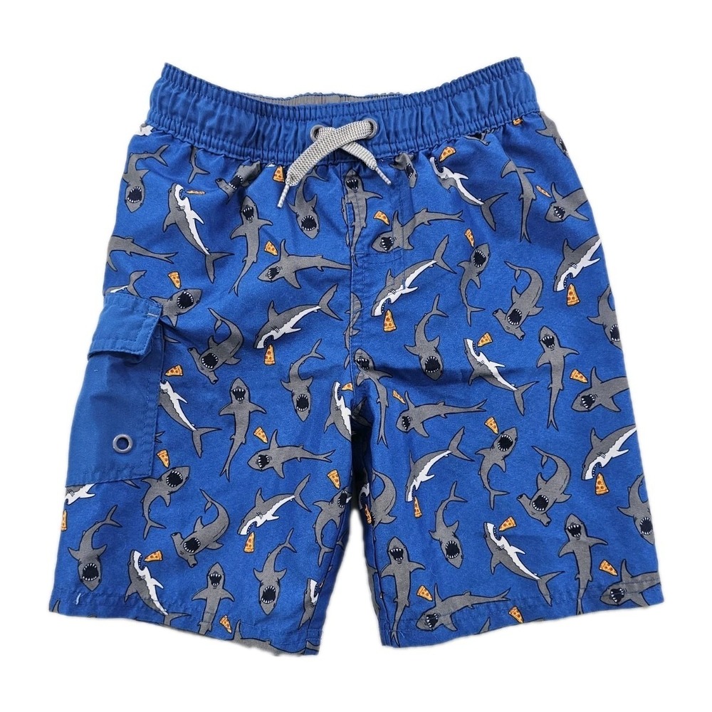 Cat & Jack Boys Swim Trunk S 6/7 Blue Lined Sharks Pizza Drawstring Cargo Pocket